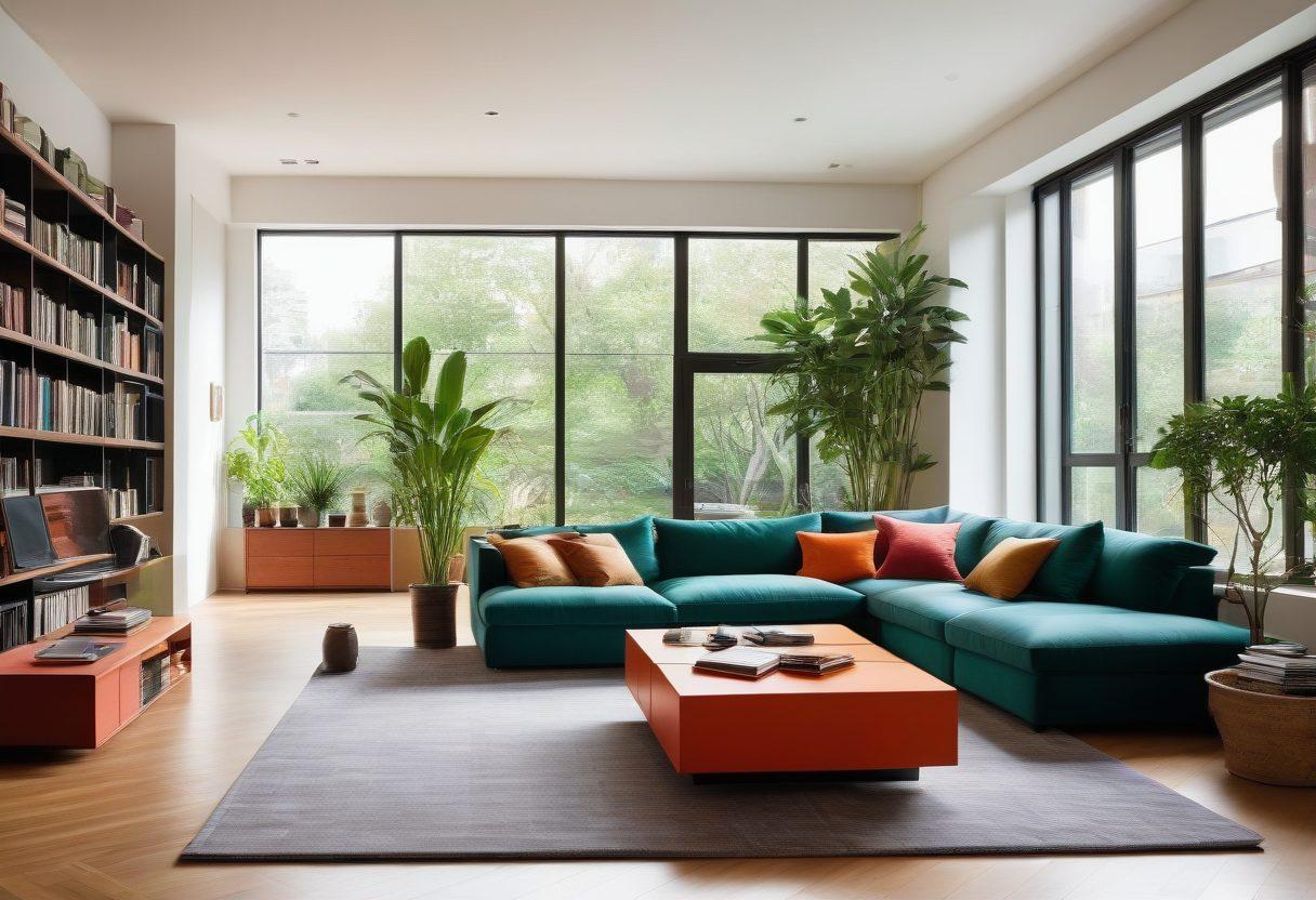A modern living room featuring cutting-edge furniture innovations with a sleek couch, a modular coffee table, and trendy decor. Showcase natural light streaming through large windows highlighting vibrant colors and smart storage solutions. Include a cozy reading nook with stylish bookshelves and plants. super-realistic. vibrant colors. bright and airy atmosphere.
