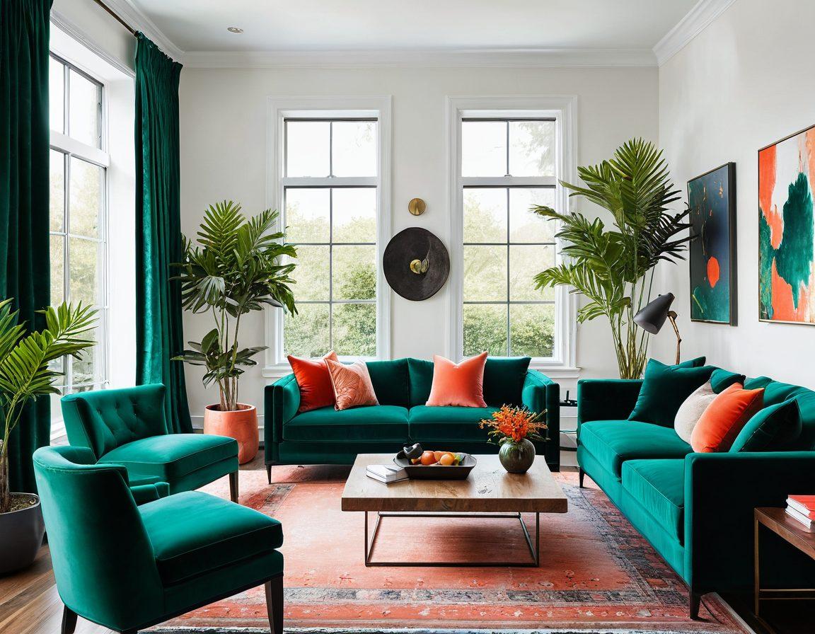 A stylish, modern living room showcasing the latest interior design trends: sleek furniture, vibrant color accents like emerald green and coral, a mix of textures including velvet and wood, with natural light streaming through large windows. Subtle decor elements like indoor plants and contemporary art pieces that create a cozy yet chic ambiance. super-realistic. vibrant colors. bright background.