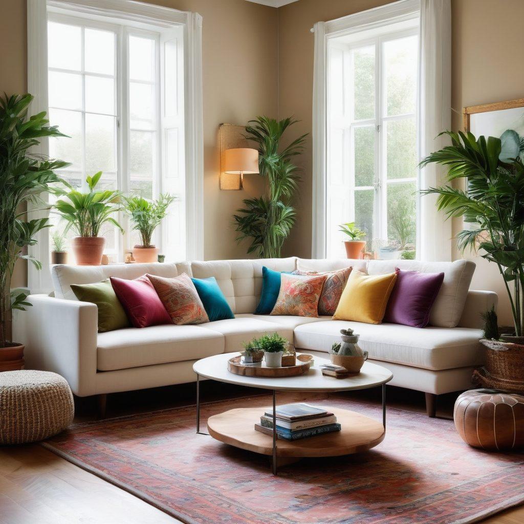 A cozy, elegantly styled living room showcasing a mix of modern and vintage furniture, with colorful cushions, stylish wall art, and lush indoor plants. Include a variety of textures in the decor, like a plush rug and sleek wooden surfaces. Soft, natural light filtering through large windows adds warmth to the scene. Elements of expert styling such as a beautifully set coffee table and strategically placed decor items bring the space to life. super-realistic. vibrant colors. warm lighting.
